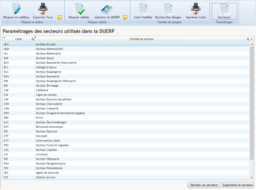 Liste des secteurs